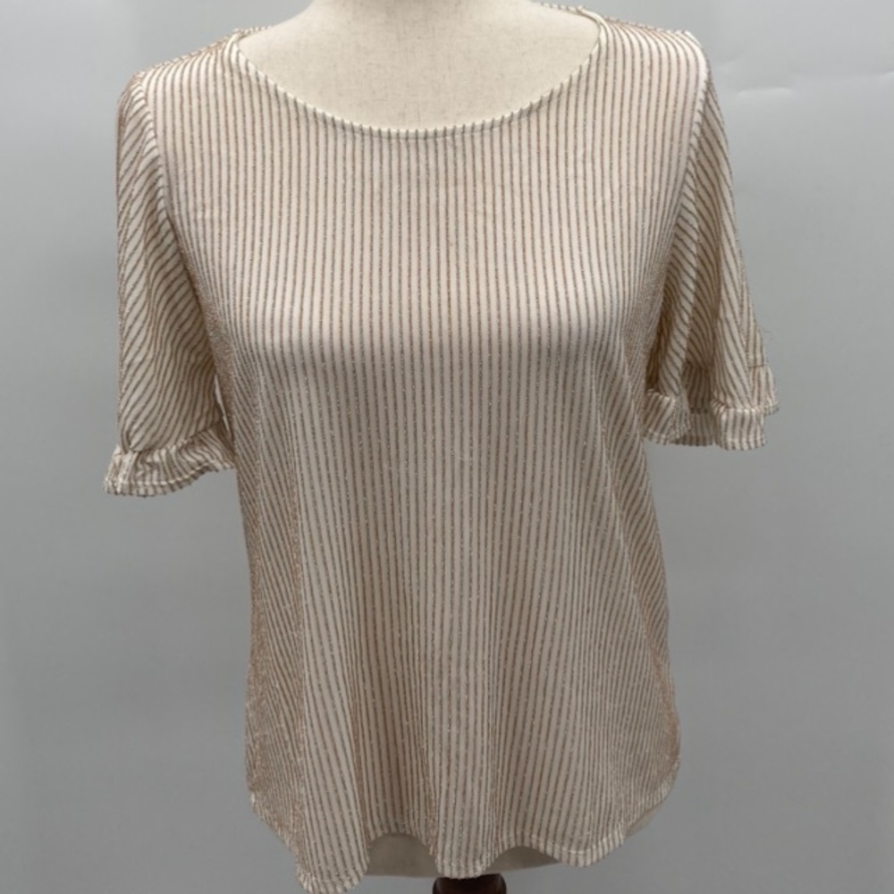 W5 Women’s White/ Gold Stripped Short Sleeve Ruffle Blouse